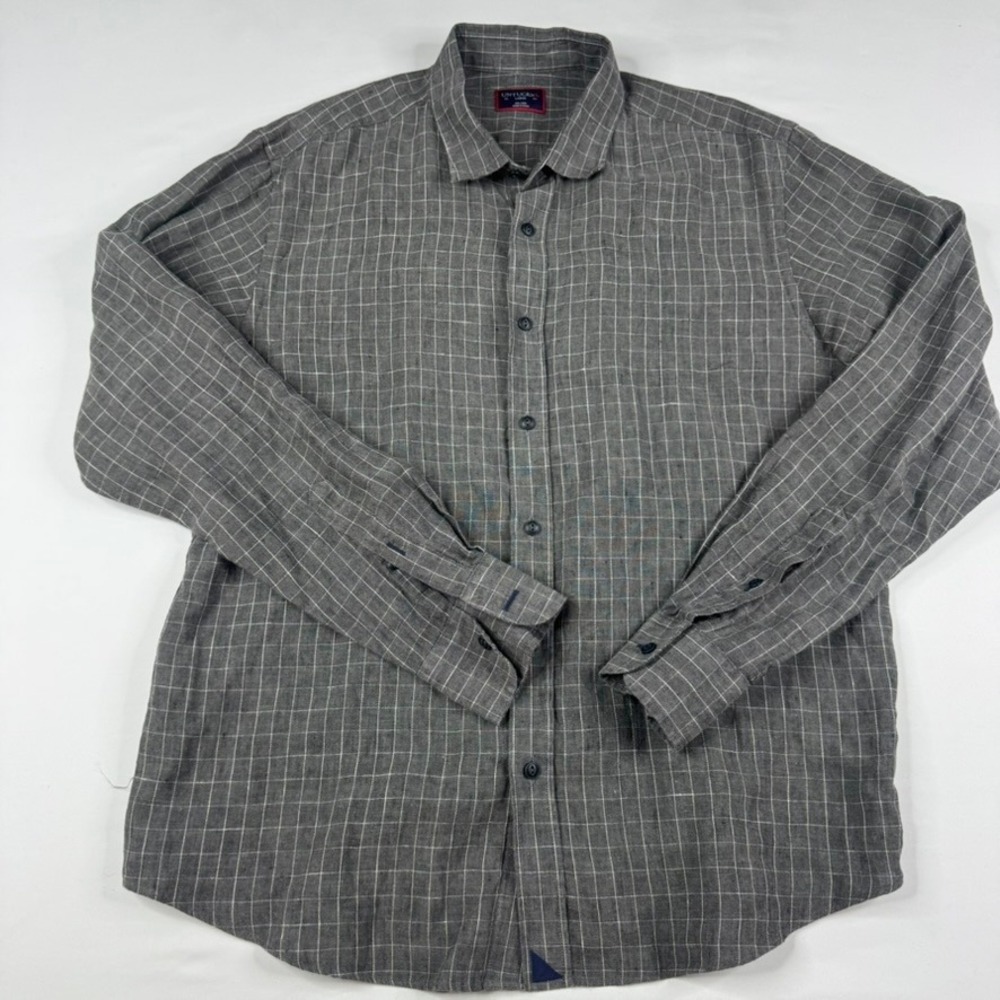 UNTUCKit Linen Button Down Shirt Mens Large Gray Plaid Long Sleeve Windowpane - Picture 2 of 8